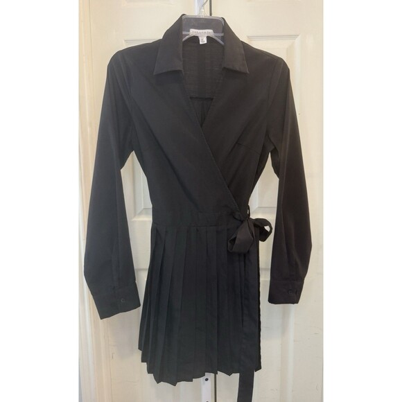 And Now This Black Wrap Dress S Long Sleeve Pleated Skirt Fit & Flare Collard - Picture 1 of 7